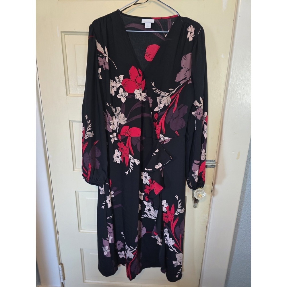 Liz Claiborne Black Floral Wrap Dress Midi Long Sleeve V-Neck Party Cocktail 12